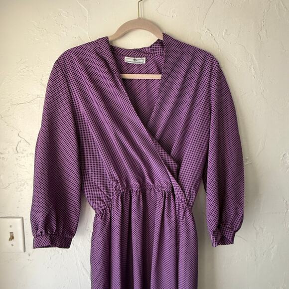 Vintage Jonathan Martin Purple‎ Geometric Midi Dress Long Sleeve 80s M - Picture 3 of 9